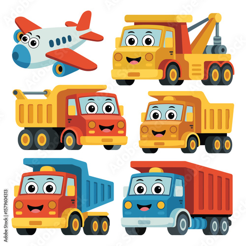Cartoon Vehicles Set with Airplane and Dump Trucks