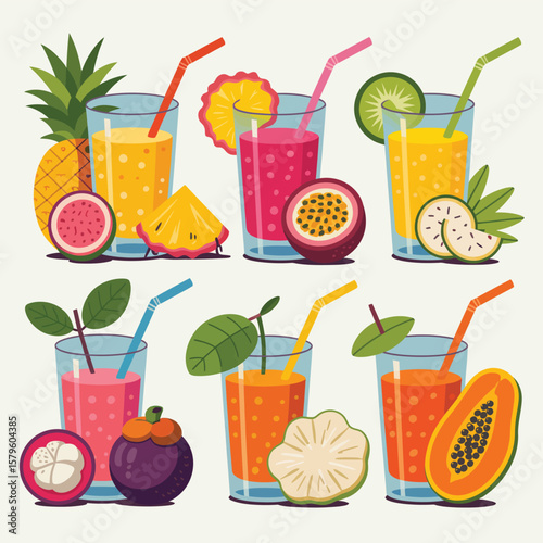 Colorful Tropical Fruit Smoothies in Glasses