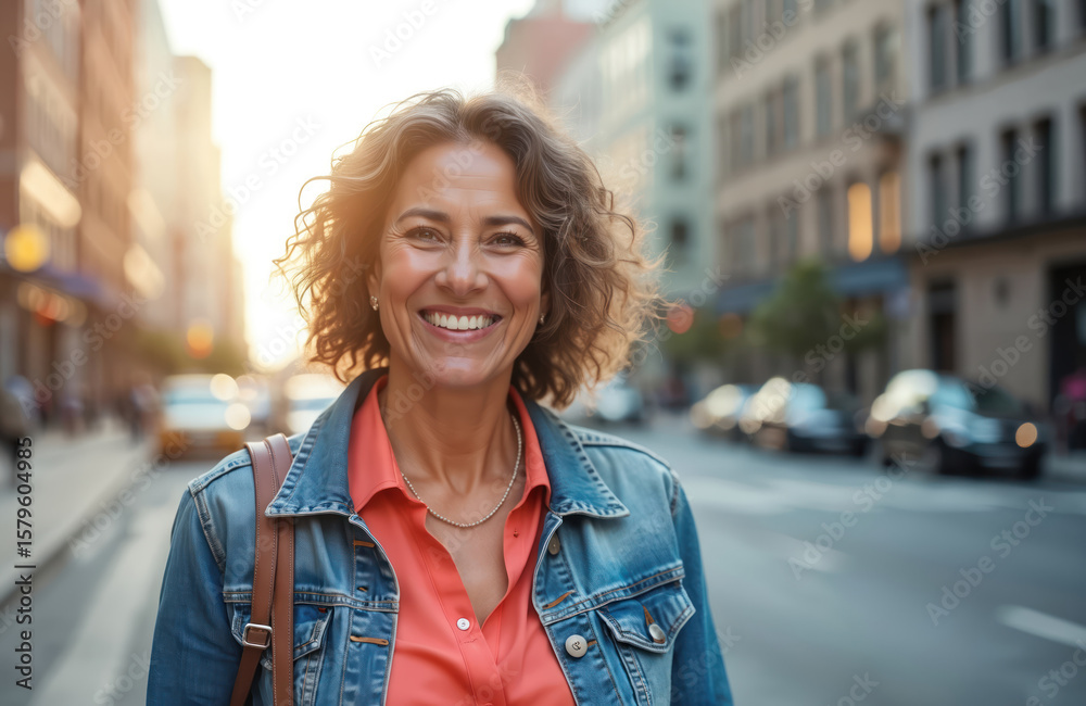 Fototapeta premium Mature latin woman smiles happily, enjoying a city trip. She wears a denim jacket over an orange shirt, walking on a sunny street with urban background. Represents active, fun lifestyle for adults.