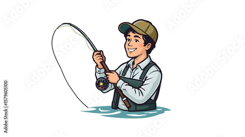 Vector illustration of a smiling man fly fishing with a rod and reel while standing in water, wearing a cap and fishing vest.