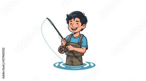 Vector illustration of a smiling man fly fishing with a rod and reel while standing in water, wearing a cap and fishing vest.