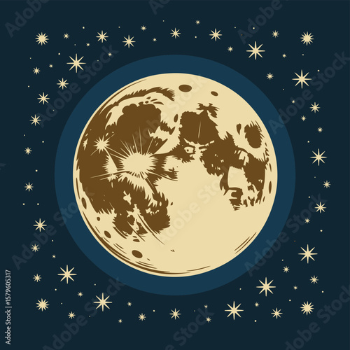 Vintage Style Illustration of a Full Moon and Stars