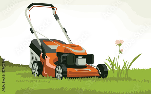 Orange Lawn Mower in a Green Grass Field