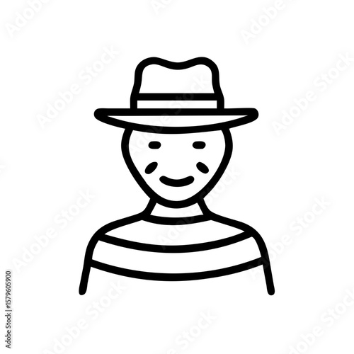 Graphic horror icon in simple outline style depicts a horror icon with scars, a hat, and striped shirt. Simple horror icon evokes fear and dread.