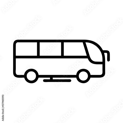 Line art bus illustration showing transportation, bus in black and white, ideal for public transport design. Bus design includes wheels, windows, and mirrors, making it a classic transportation icon.