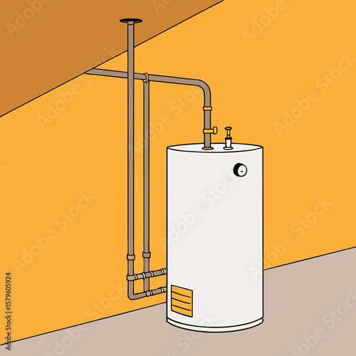 Hot water heater inside home for warm environment with pipes connected to ceiling. Hot water heater supplies warm water and comfort within home.