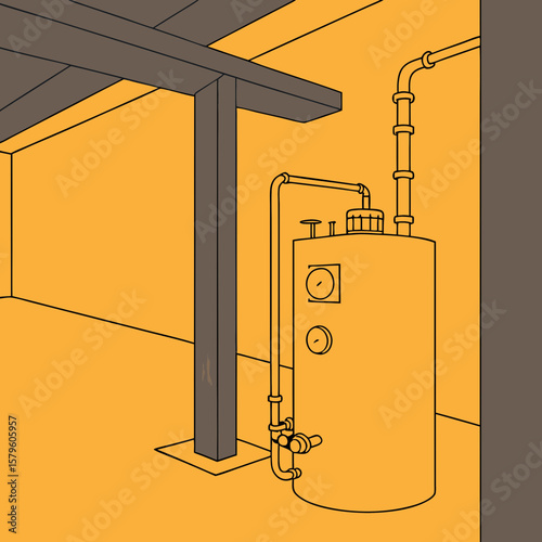 Drawing of hot water tank with pipes inside building, hot water tank in basement or mechanical room. Plumbing and water system for hot water tank.