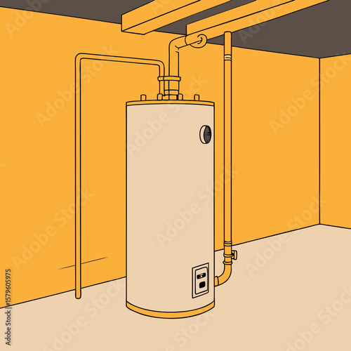 Water heater appliance in basement, essential for home comfort. Residential water heater system provides hot water for showers and washing.