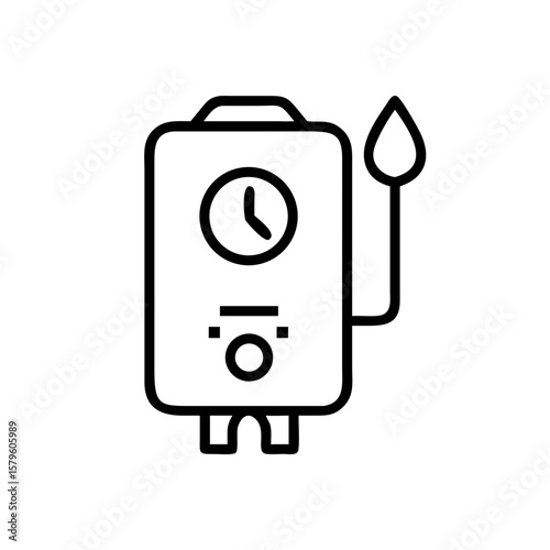 Hot water heater shows time and a drop of water in minimal black outline. Hot water heater is used for supplying constant warm water, and for central heat and warmth.