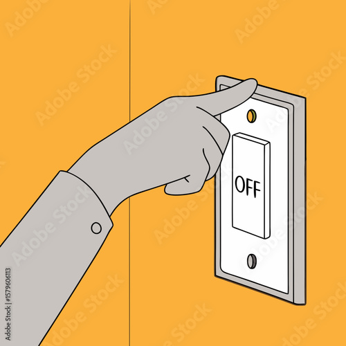 Switching off light switch on yellow wall, with hand reaching to turn power off. Light switch setup emphasizes energy conservation and stopping the electrical current