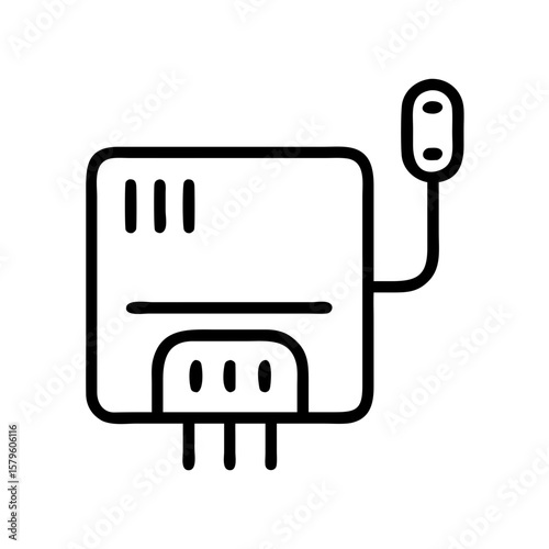 Modern water heater illustration on white background showing pipes and power cord. Simple water heater graphic details functional components and electric connection.