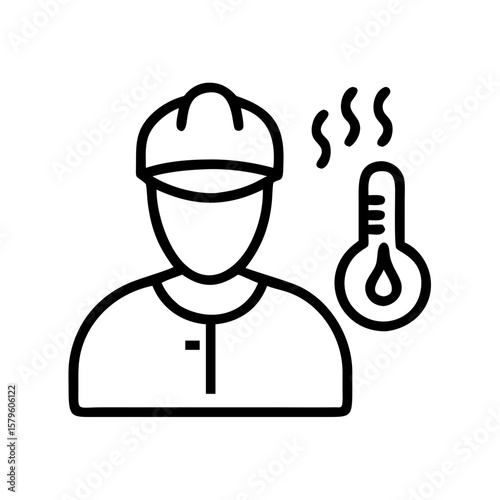 Silhouette worker with thermometer indicating high temperature. High temperature portrayed through simple line art conveys conditions, signaling need for monitoring and safety measures.