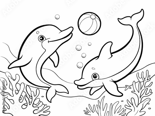 Dolphins playing with ball underwater for summer-themed children's coloring books and fun illustrations