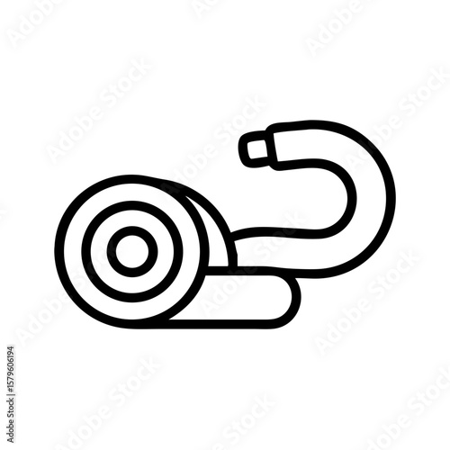 Hose reel outline icon on white backdrop, a symbol of plumbing equipment, maintenance, and gardening. Hose reel outline is presented with rolled pipe and fitting, suitable for irrigation