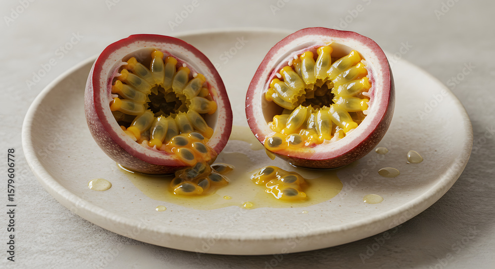 Passion Fruit Halved on a Plate with Seeds and Juice
Passion Fruit Halved on a Plate with Seeds and Juice