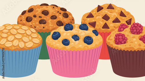 Assortment of Delicious Muffins with Chocolate Chips, Berries and Oats