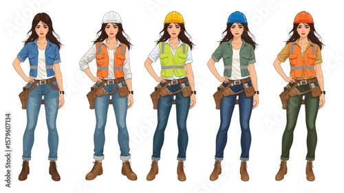 Beautiful female construction worker wearing various professional uniforms and safety equipment such as helmets, vests, and tool belts, standing confidently in different outfits. 