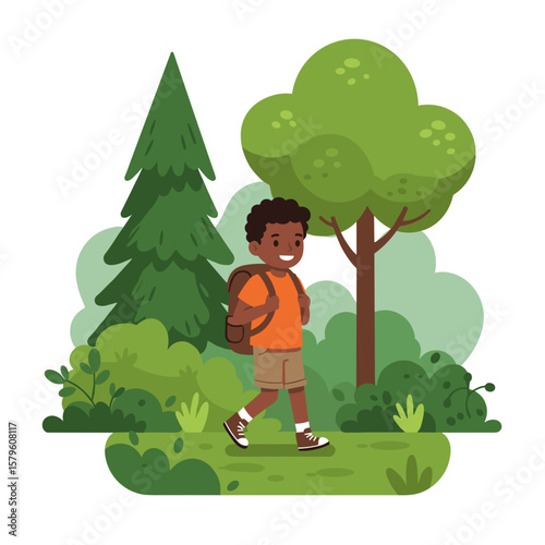 Young Afro-American boy hiking in the woods with a backpack and smiling, vector 