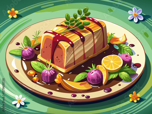 vector of Close-up of foie gras terrine with perfect plating. A subtle balsamic reduction sauce swirls artfully around the terrine. Edible flowers add vibrant colors to the decoration...