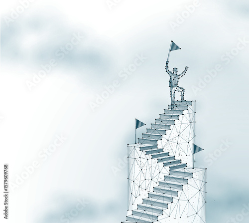 Man on the top of ladder. Digital success, succeed path, accomplish mission, digital transformation
