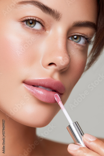 Close-up of a woman applying pink lip gloss with a soft applicator, highlighting smooth lips, glossy texture