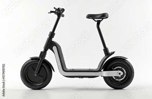 Modern electric scooter with, sleek design, clean energy technology. Trendy, compact urban mobility solution offers efficient, nonpolluting commuting with rechargeable electrical motor, easy ride.