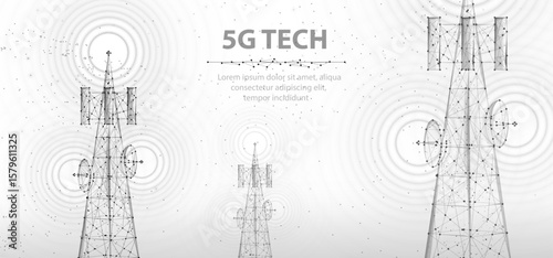 Abstract antenna mast on blue. 5G technology, telecommunication industry