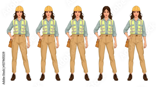 Beautiful female construction worker wearing various professional uniforms and safety equipment such as helmets, vests, and tool belts, standing confidently in different outfits. 