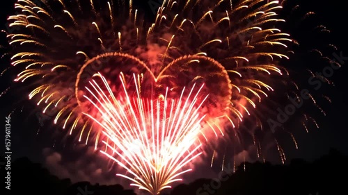Heart Shaped Fireworks: A stunning display of fireworks at night, creating a beautiful heart shape in the sky to celebrate love and the joy of the new year.