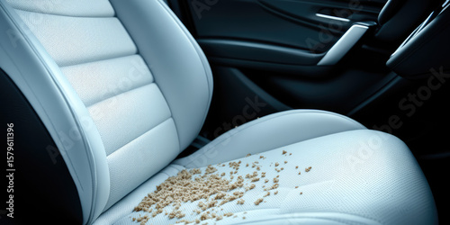 Car seat with scattered crumbs on it, a messy interior. Concept: cleanliness, hygiene, and maintenance