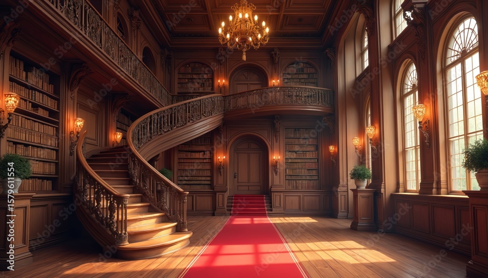 Fototapeta premium Ornate spiral staircase ascends within grand wooden library, featuring floor-to-ceiling bookshelves, vibrant red carpet runner. Warm light from chandeliers, wall sconces illuminates rich interior,
