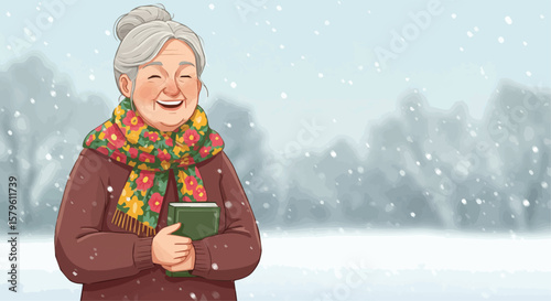 Happy elderly woman holding Christmas gift box with snowflakes background
