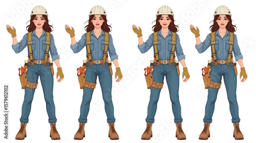 Beautiful female construction worker wearing various professional uniforms and safety equipment such as helmets, vests, and tool belts, standing confidently in different outfits. 