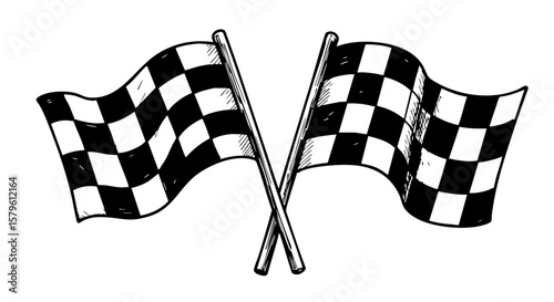 Vintage sketch of crossed checkered racing flags  