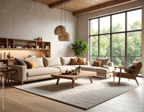 Modern neutral living room with large windows