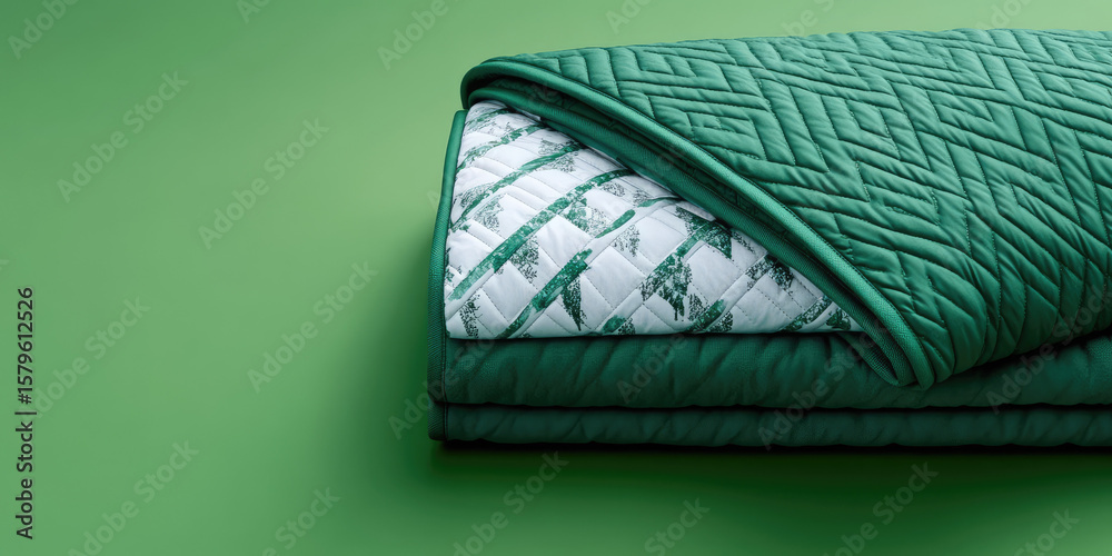 Fototapeta premium A folded green quilt with a checkered pattern on its edge is placed on a surface. Cozy comfort and home textile