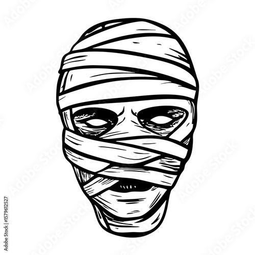 Vintage sketch of a mummy wrapped in bandages with hollow eyes  