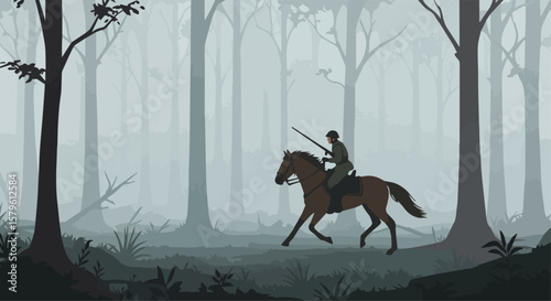 Silhouette of horseman riding through misty forest at dawn