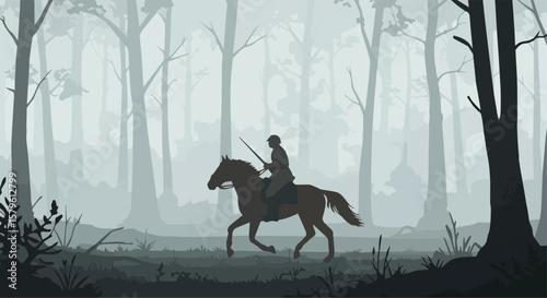 Silhouette of horseman riding through misty forest at dawn