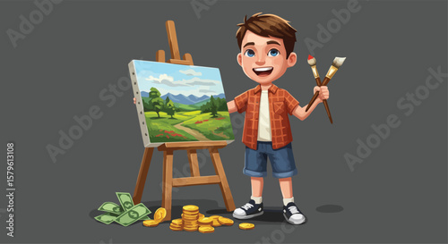 Happy Young Artist with Landscape Painting and Money