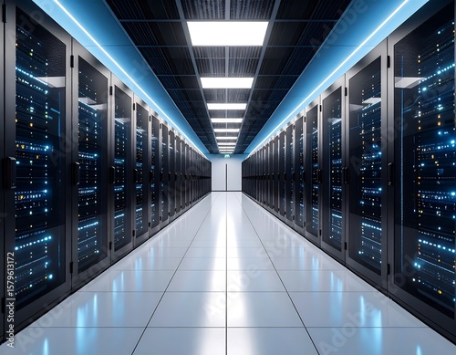 Server room interior with rows of server cabinets