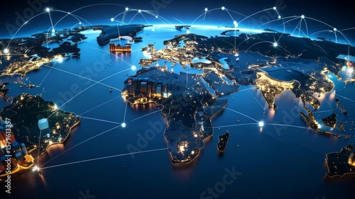 Illuminated world map with glowing connections cargo and cities at night