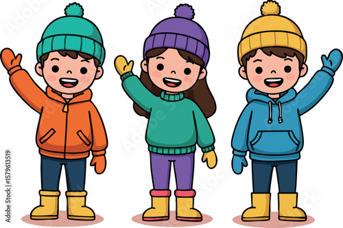 Three cheerful children waving hands wearing colorful winter clothing with hats and boots friendly seasonal vector illustration