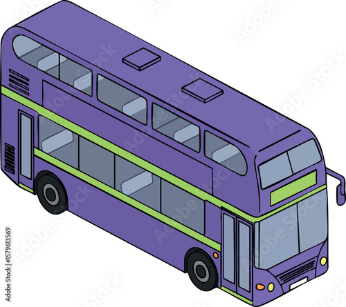 Double decker purple city bus public transport vehicle isometric style vector illustration