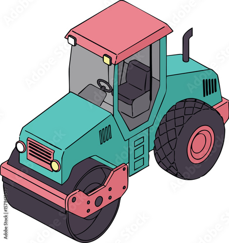 Road roller vehicle construction machinery with turquoise body and pink roof illustration vector image