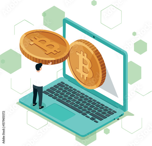 Bitcoin cryptocurrency digital currency concept with man holding coin near laptop screen vector illustration