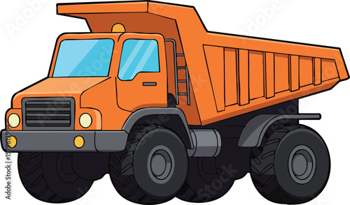 Orange dump truck vector illustration heavy construction vehicle with large wheels and cargo bed transport design