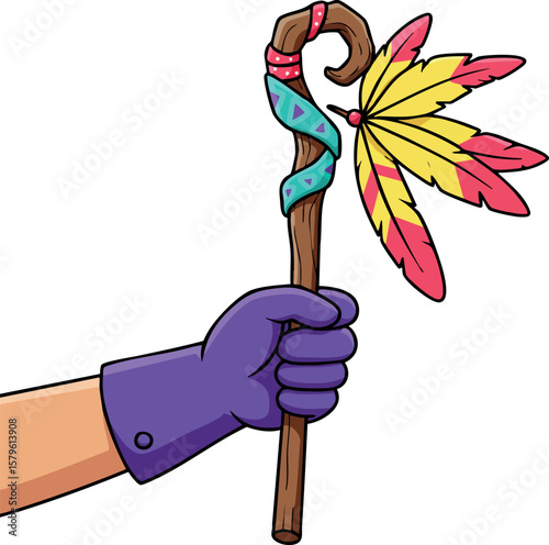 Hand holding wooden staff decorated with colorful feathers and fabric tribal style vector illustration