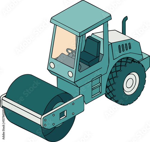 Road roller construction vehicle heavy equipment for compacting surfaces in blue and grey colors vector illustration
