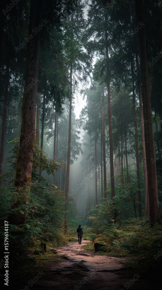 Fototapeta premium Serene tall forest scene with dense green trees and misty atmosphere featu a person walking along a dirt trail amidst nature